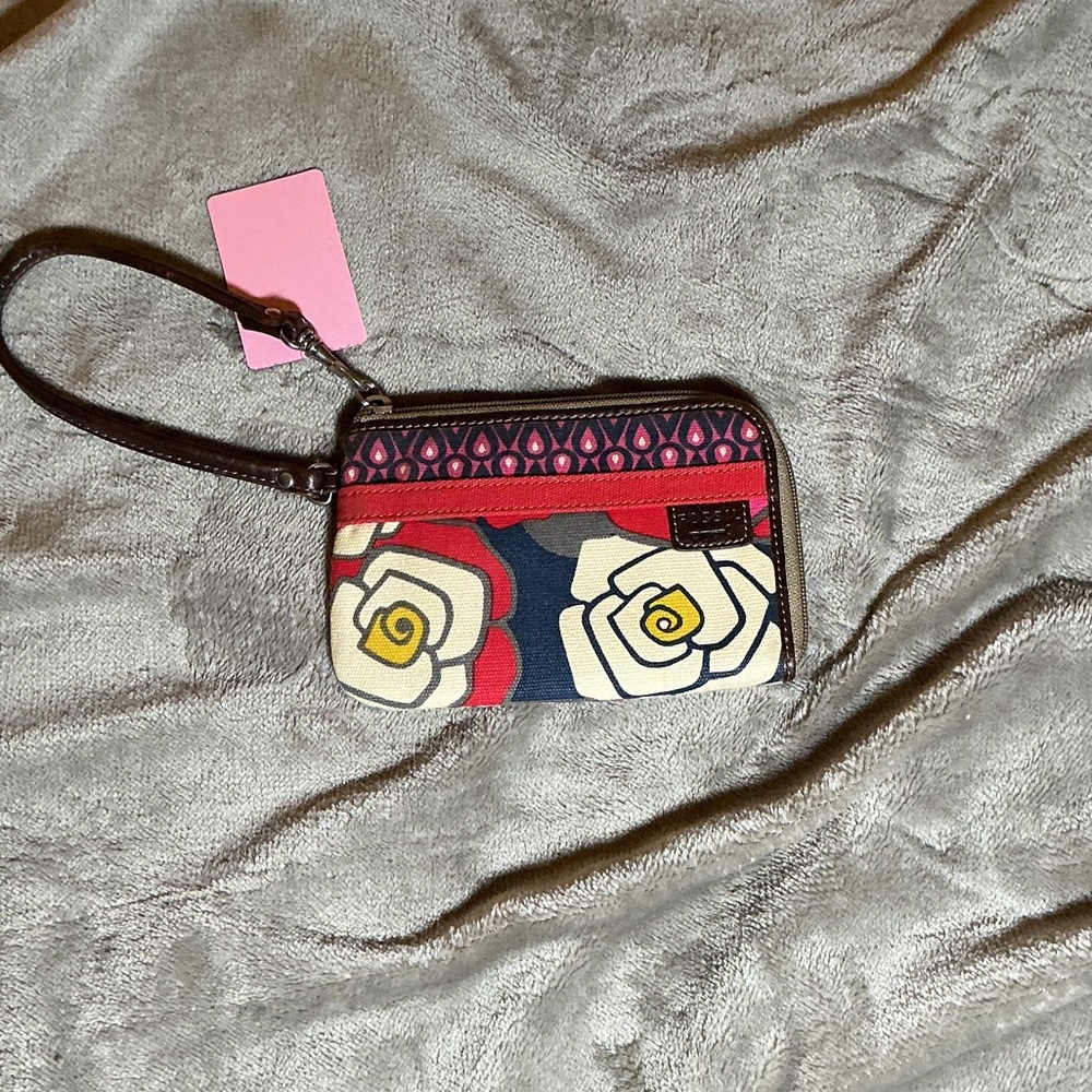 Fossil Floral Canvas Wristlet in Navy, Red & Cream